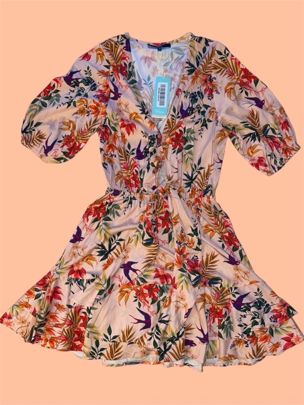 Shore Brand Floral Pink Puff Sleeve Dress with Tie Belt